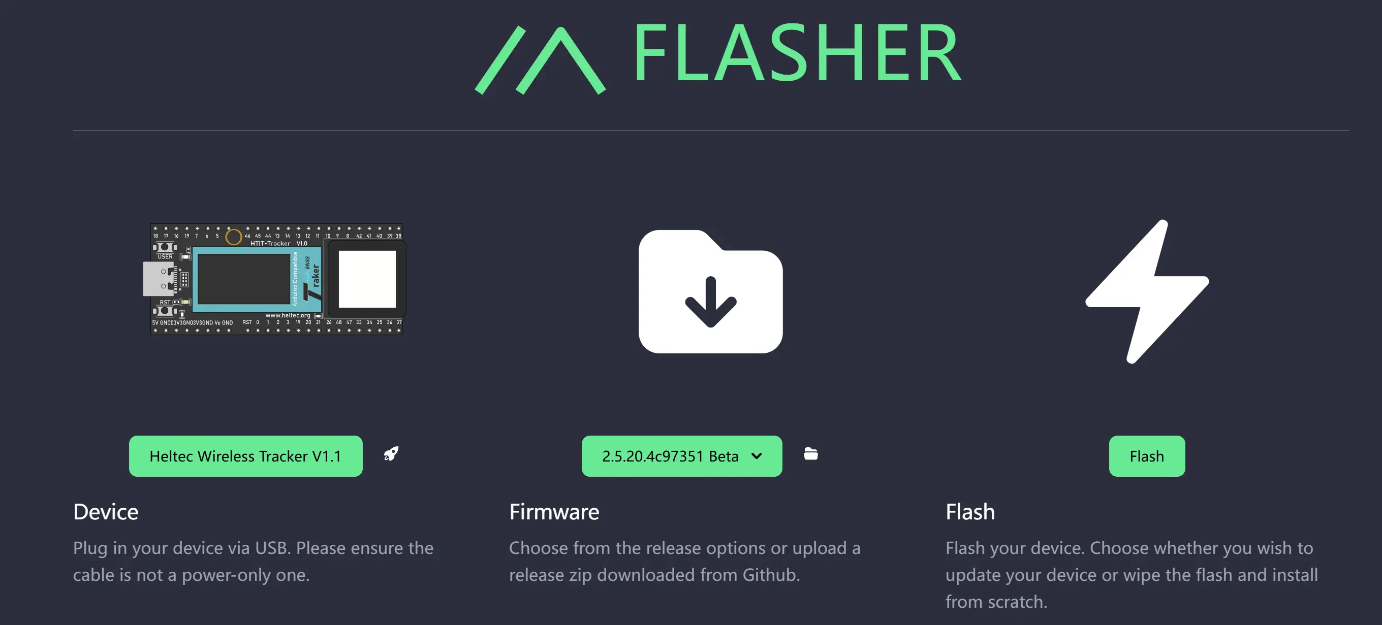 Meshtastic Web Flasher for flashing Heltec Wireless Tracker v1.1 firmware