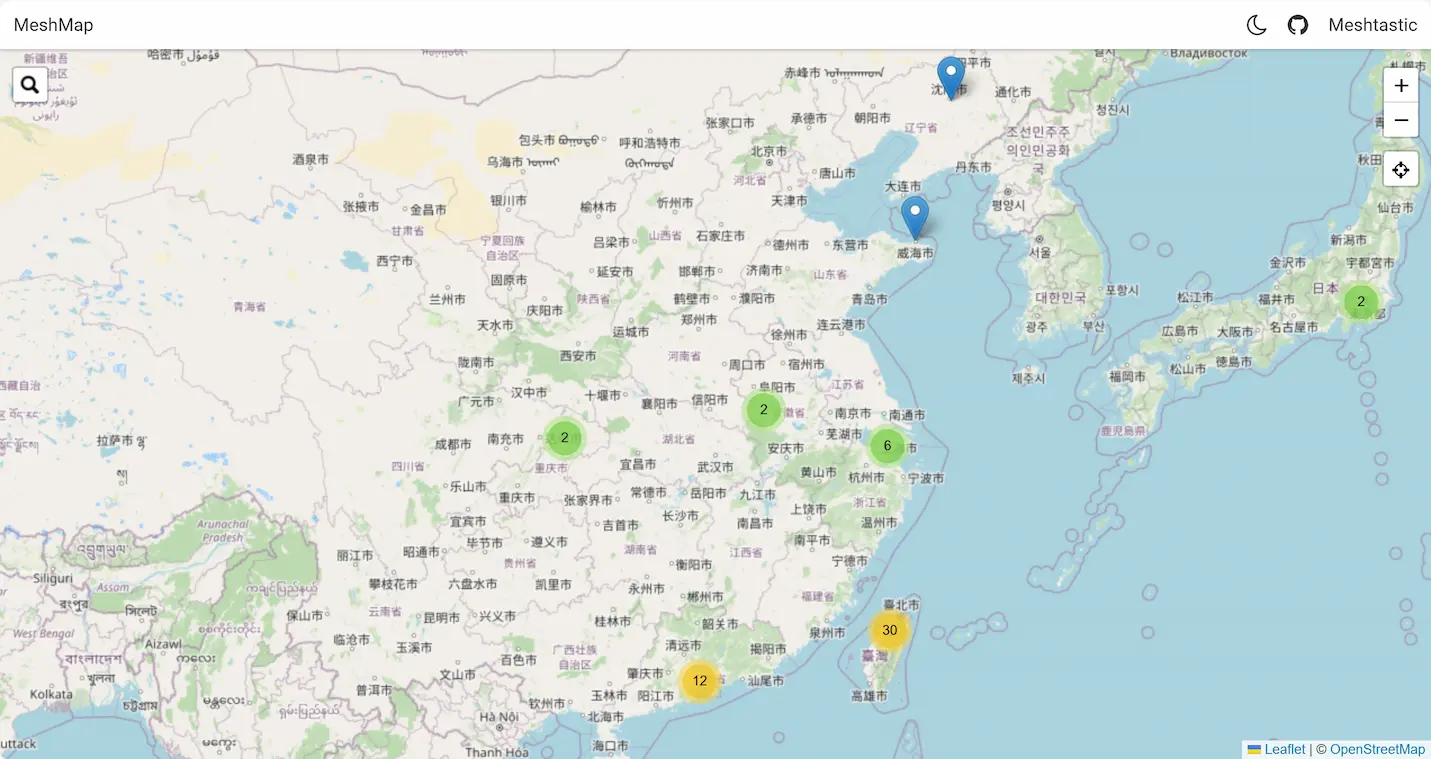 Meshmap.net screenshot in China for Meshtastic nodes