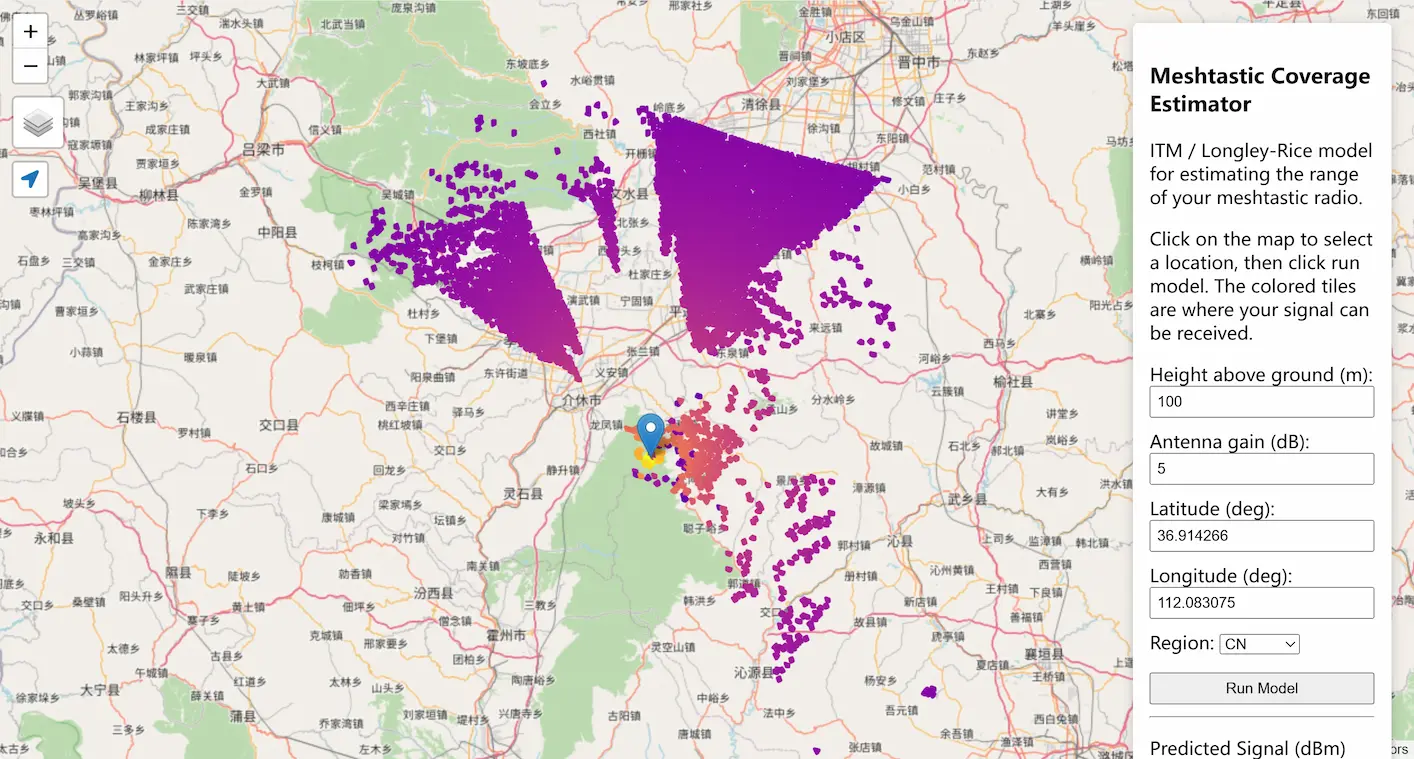 Meshplanner screenshot of signal analysis prediction in China