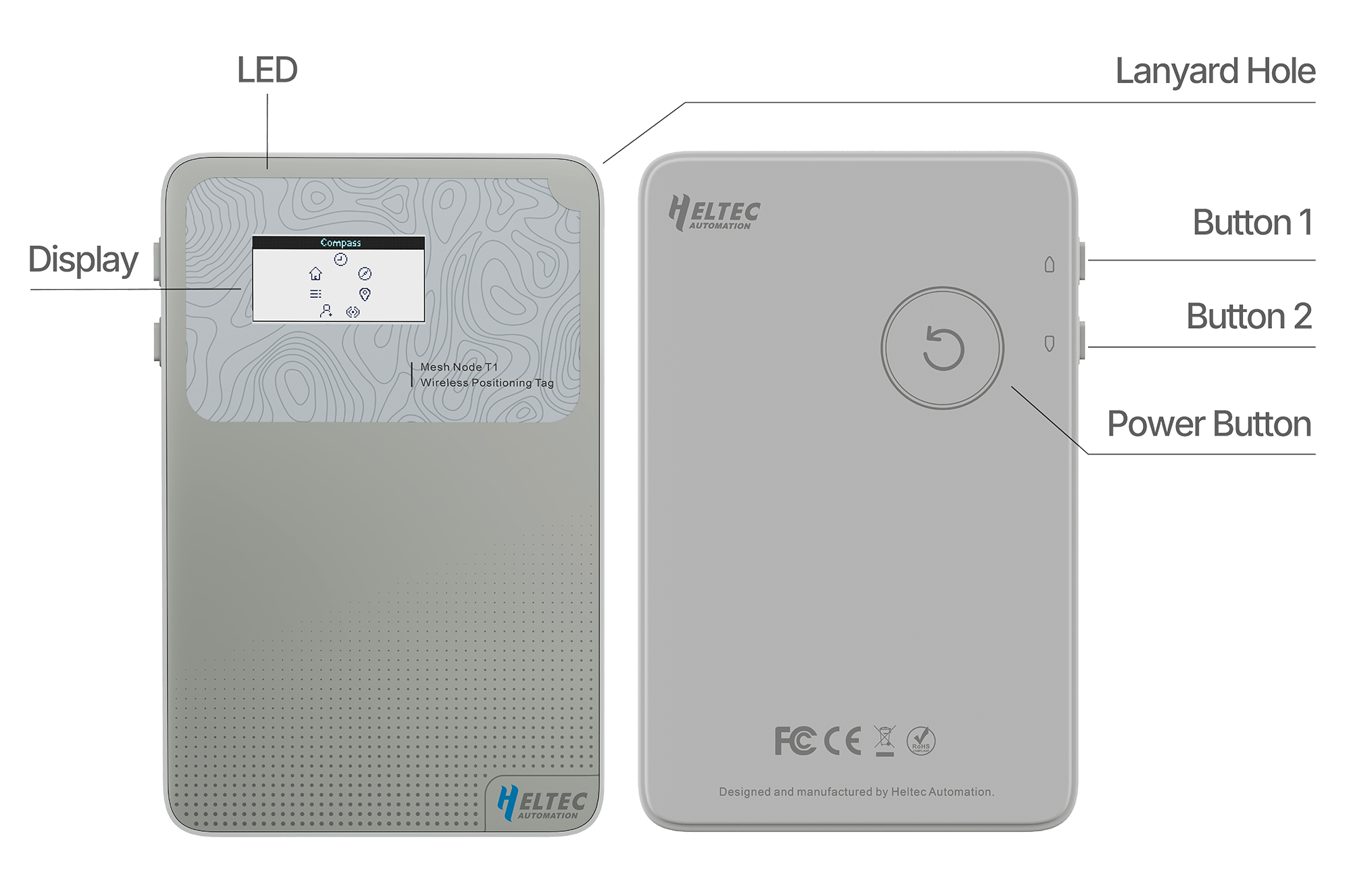 Heltec 官方布局图，能看到屏幕、按键、挂绳孔和顶部 USB-C