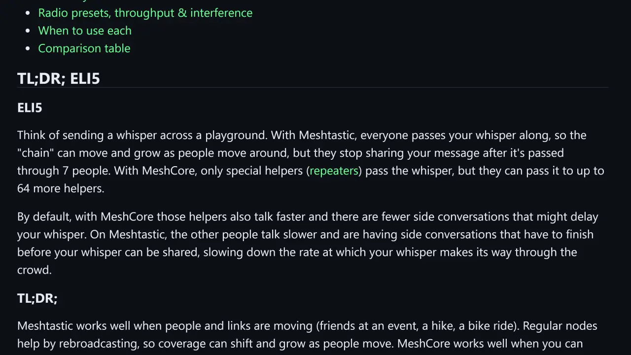 Austin Mesh 对 Meshtastic 和 MeshCore 的 TL;DR 总结截图