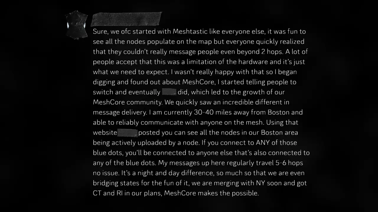 波士顿社区成员关于 MeshCore 多跳消息投递能力的反馈截图