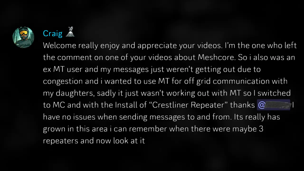 West Coast Mesh 成员提到 Crest Liner 中继部署后的体验截图