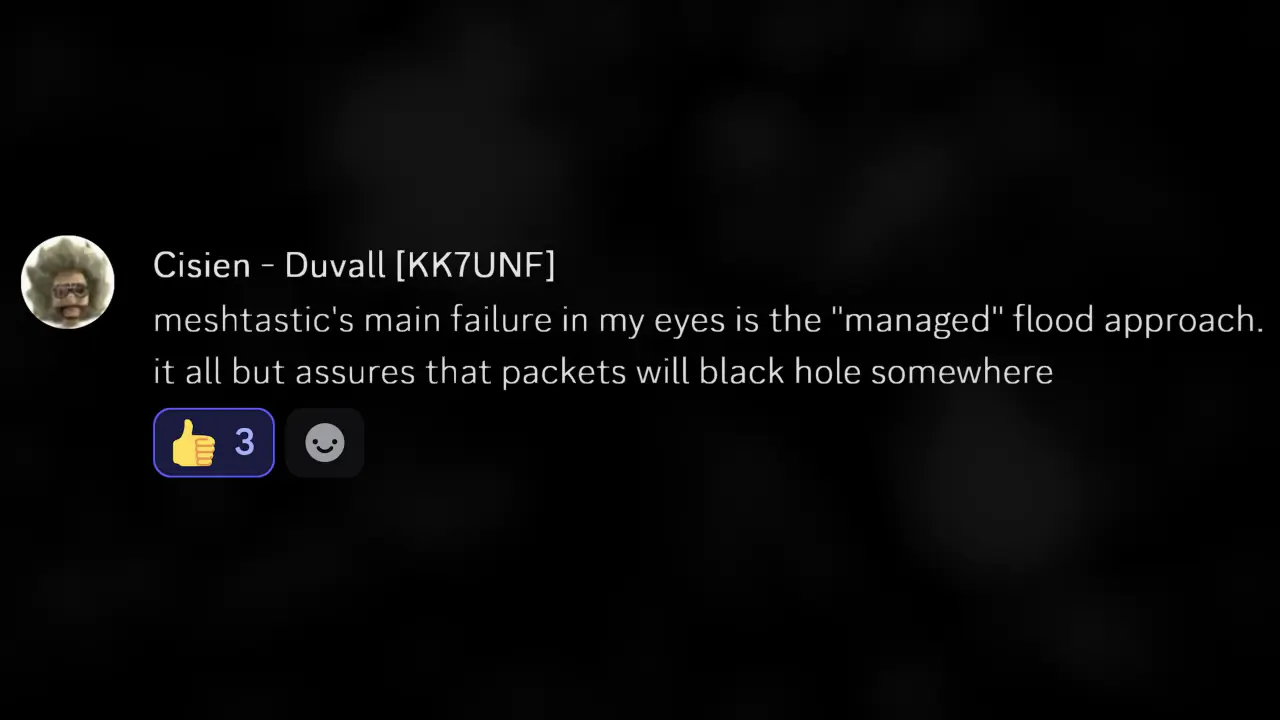 Pacific Northwest 社区成员直说 managed flood 容易把数据包丢进黑洞的反馈截图