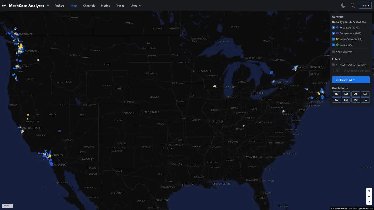 MeshCore Analyzer 上显示的美国活跃区域分布