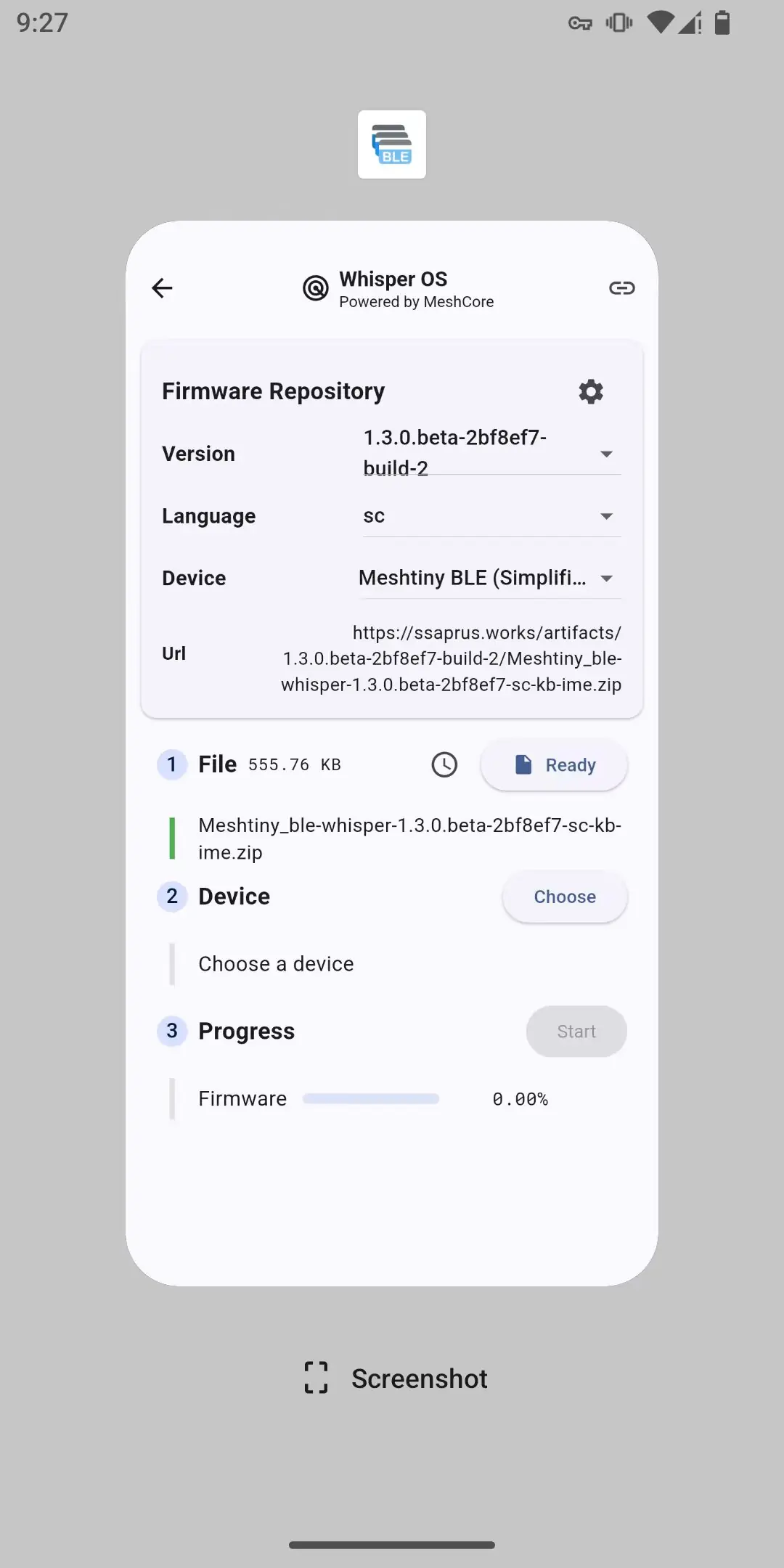 MTools BLE 中的 WhisperOS 固件仓库页面